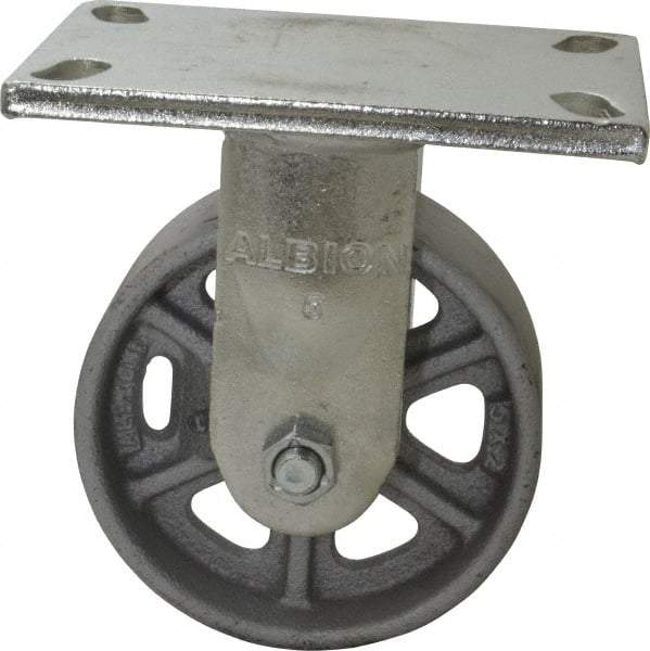 Albion - 5" Diam x 2" Wide x 6-1/2" OAH Top Plate Mount Rigid Caster - Cast Iron, 1,000 Lb Capacity, Roller Bearing, 5 x 6-1/4" Plate - Benchmark Tooling