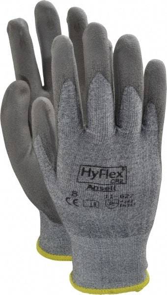 Ansell - Size M (8), ANSI Cut Lvl 2, Abrasion Lvl 6, Polyurethane Coated Cut Resistant Gloves - 10" Long, Palm & Fingers Coated, Dyneema/Lycra Lining, Knit Wrist, Gray/Gray, Paired - Benchmark Tooling