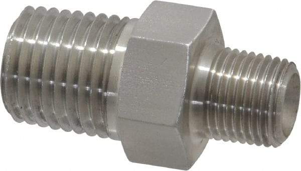 Made in USA - 1/4 x 1/8" Grade 316 Stainless Steel Pipe Hex Nipple - MNPTF x MNPTF End Connections - Benchmark Tooling