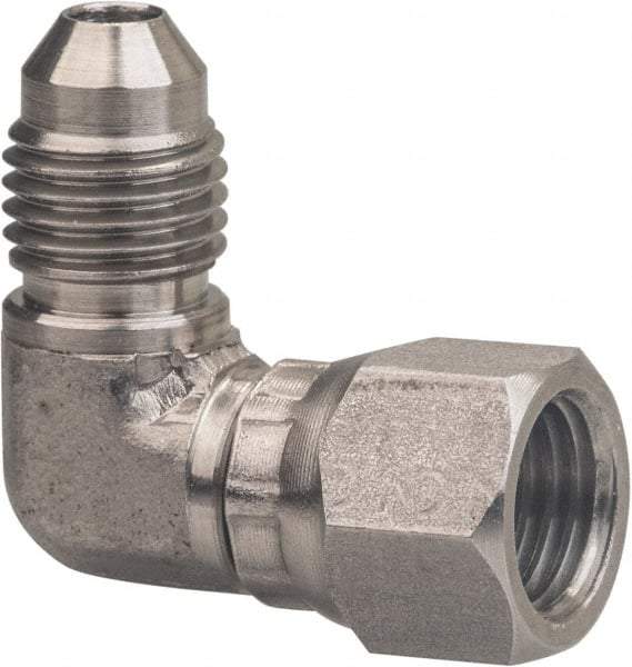 Made in USA - 2" Tube OD, 37° Stainless Steel Flared Tube Female Elbow - 2-1/2-12 UNF, Flared to Female JIC Swivel , 90° Ends - Benchmark Tooling