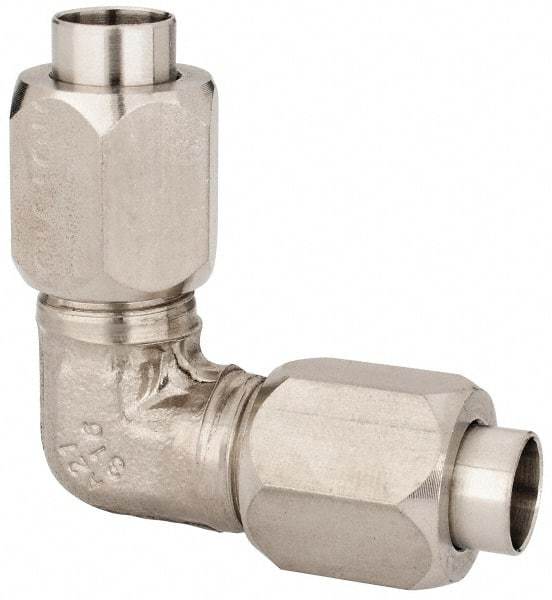 Made in USA - 3/8" Tube OD, 37° Stainless Steel Flared Tube Union Elbow - Flare x Flare Ends - Benchmark Tooling