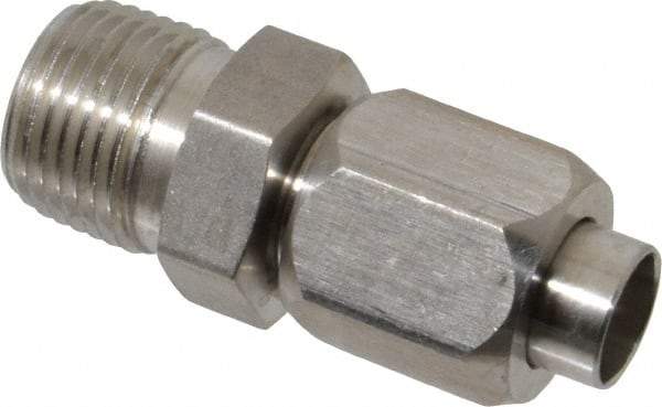 Made in USA - 3/8" Tube OD, 37° Stainless Steel Flared Tube Male Connector - 3/8-18 NPTF, Flare x MNPTF Ends - Benchmark Tooling