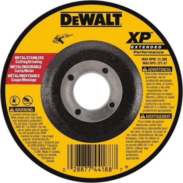 DeWALT - 24 Grit, 4" Wheel Diam, 1/4" Wheel Thickness, 5/8" Arbor Hole, Type 27 Depressed Center Wheel - Zirconia Alumina, Resinoid Bond, 15,200 Max RPM, Compatible with Angle Grinder - Benchmark Tooling
