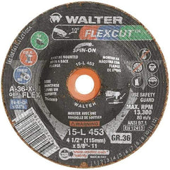WALTER Surface Technologies - 4-1/2" Diam x 5/8" Hole, 36 Grit Surface Grinding Wheel - Aluminum Oxide, Very Coarse Grade, 13,300 Max RPM - Benchmark Tooling