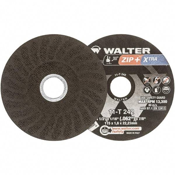 WALTER Surface Technologies - 4-1/2" 46 Grit Aluminum Oxide Cutoff Wheel - 1/16" Thick, 7/8" Arbor, 13,300 Max RPM, Use with Angle Grinders - Benchmark Tooling