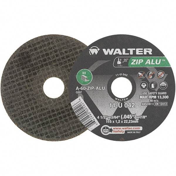 WALTER Surface Technologies - 4-1/2" 60 Grit Aluminum Oxide Cutoff Wheel - 3/64" Thick, 7/8" Arbor, 13,300 Max RPM, Use with Angle Grinders - Benchmark Tooling