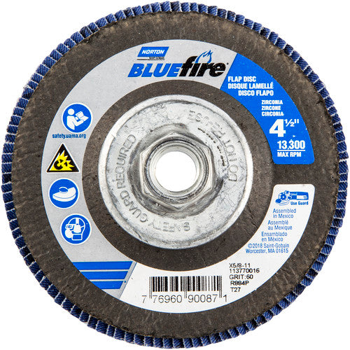 4-1/2 × 5/8 - 11″ BlueFire Fiberglass HD Flat Flap Disc Type 27 P60 Grit R884P1 Zirconia Alumina - Benchmark Tooling