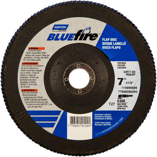 7 × 7/8″ BlueFire Fiberglass HD Flat Flap Disc Type 27 P60 Grit R884P1 Zirconia Alumina - Benchmark Tooling