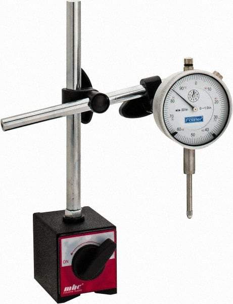 Fowler - 0.001" Graduation, 0-100 Dial Reading, Indicator & Base Kit - 1" Base Length x 1-7/8" Base Width x 2-3/8" Base Height - Benchmark Tooling