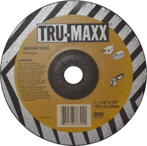Tru-Maxx - 24 Grit, 7" Wheel Diam, 1/4" Wheel Thickness, 7/8" Arbor Hole, Type 27 Depressed Center Wheel - Aluminum Oxide, 8,600 Max RPM, Compatible with Angle Grinder - Benchmark Tooling