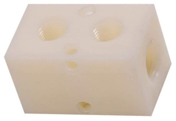 Made in USA - 1/2" Inlet, 3/8" Outlet Manifold - 2-3/4" Long x 1-1/2" Wide x 1-1/2" High, 0.2" Mount Hole, 2 Inlet Ports, 2 Outlet Ports - Benchmark Tooling