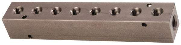 Made in USA - 3/8" Inlet, 1/4" Outlet Manifold - 7.63" Long x 1-1/4" Wide x 1-1/4" High, 0.2" Mount Hole, 2 Inlet Ports, 8 Outlet Ports - Benchmark Tooling