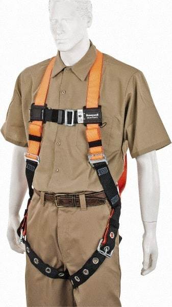 Miller - 400 Lb Capacity, Size Universal, Full Body Construction Safety Harness - Polyester, Tongue Leg Strap, Mating Chest Strap, Orange/Black - Benchmark Tooling
