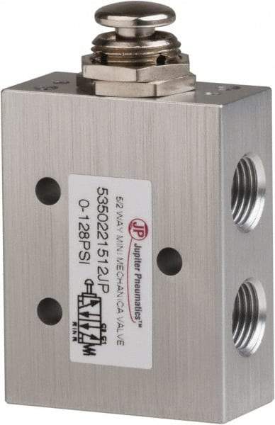 PRO-SOURCE - 1/8" NPT 5-Way, 2 Position Mini Mechanical Valve - 0.34 CV Rate, 9 CFM, 127.98 Max psi, Palm Button/Spring Actuator - Benchmark Tooling