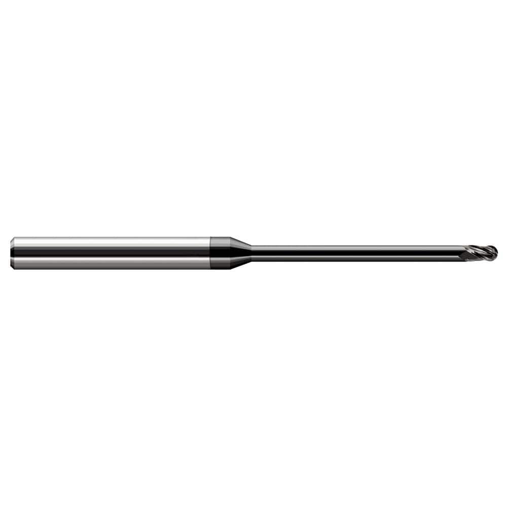 Ball End Mill: 0.01″ Dia, 0.015″ LOC, 3 Flute, Solid Carbide 2-1/2″ OAL, 1/8″ Shank Dia, 30 ° Helix, Amorphous Diamond Coated, Single End