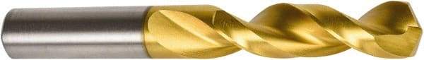 Precision Twist Drill - 25/64" 135° Parabolic Flute High Speed Steel Screw Machine Drill Bit - TiN Finish, Right Hand Cut, 1-7/8" Flute Length, 3-1/4" OAL, Split Point, Straight Shank - Benchmark Tooling