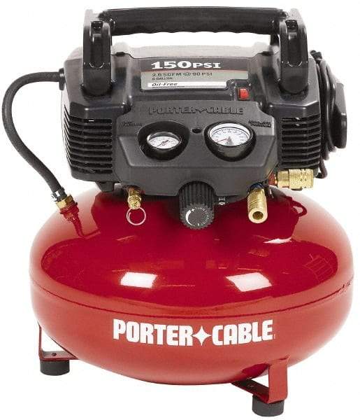 Porter-Cable - 0.8 HP, 2.6 CFM Pancake Electric Oil Free Compressor - 6 Gallon Tank, 10 Amp, 150 Max psi, 120V - Benchmark Tooling
