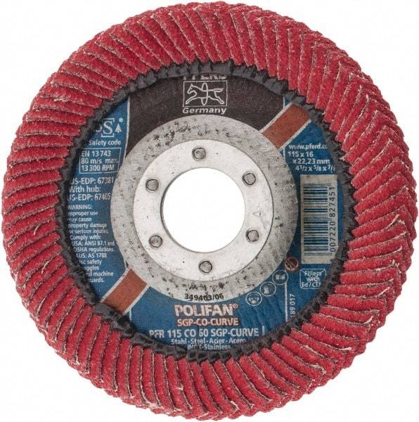 PFERD - 60 Grit, 4-1/2" Disc Diam, 7/8" Center Hole, Type 27 Ceramic Flap Disc - 13,300 Max RPM, Fiberglass Backing, Arbor Attaching System, Coated - Benchmark Tooling