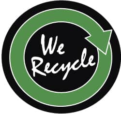 NMC - We Recycle, Hard Hat Label - White & Green on Black, 2" Thick, For Accident Prevention - Benchmark Tooling