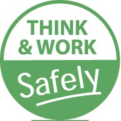 NMC - Think and Work Safely, Hard Hat Label - White on Green, 2" Thick, For Accident Prevention - Benchmark Tooling