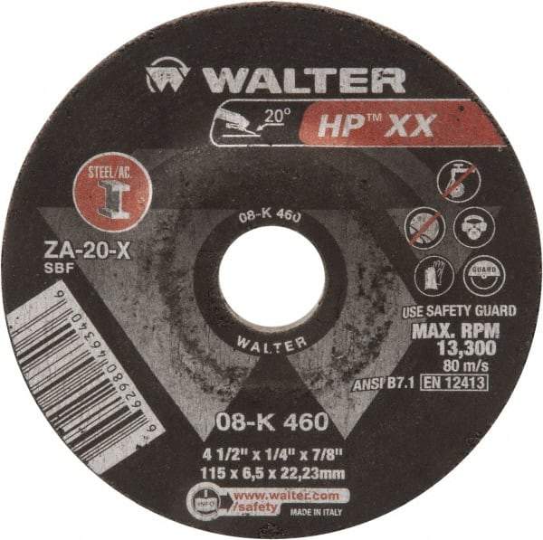 WALTER Surface Technologies - 20 Grit, 4-1/2" Wheel Diam, 1/4" Wheel Thickness, Type 27 Depressed Center Wheel - Aluminum Oxide, 13,300 Max RPM - Benchmark Tooling