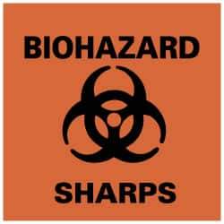 NMC - Hazardous Materials Label - Legend: Biohazard - Sharps, English, Black & Orange, 4" Long x 4" High, Sign Muscle Finish - Benchmark Tooling