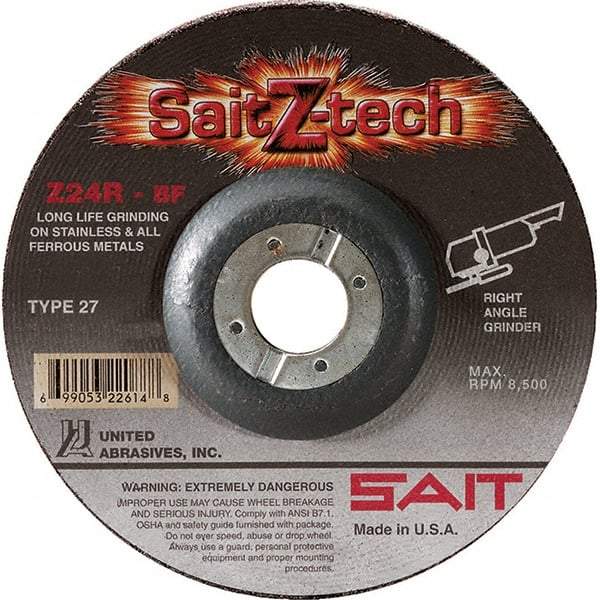 Sait - 24 Grit, 9" Wheel Diam, 1/4" Wheel Thickness, 7/8" Arbor Hole, Type 27 Depressed Center Wheel - Zirconia Alumina, Resinoid Bond, R Hardness, 6,600 Max RPM, Compatible with Angle Grinder - Benchmark Tooling