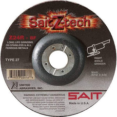 Sait - 24 Grit, 9" Wheel Diam, 1/4" Wheel Thickness, 7/8" Arbor Hole, Type 27 Depressed Center Wheel - Zirconia Alumina, Resinoid Bond, R Hardness, 6,600 Max RPM, Compatible with Angle Grinder - Benchmark Tooling