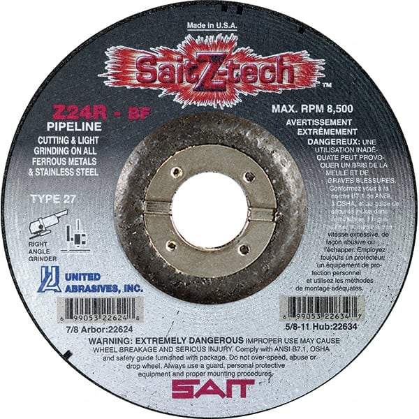 Sait - 24 Grit, 7" Wheel Diam, 1/8" Wheel Thickness, 7/8" Arbor Hole, Type 27 Depressed Center Wheel - Zirconia Alumina, Resinoid Bond, R Hardness, 8,500 Max RPM, Compatible with Angle Grinder - Benchmark Tooling