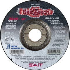 Sait - 24 Grit, 7" Wheel Diam, 1/8" Wheel Thickness, 7/8" Arbor Hole, Type 27 Depressed Center Wheel - Zirconia Alumina, Resinoid Bond, R Hardness, 8,500 Max RPM, Compatible with Angle Grinder - Benchmark Tooling