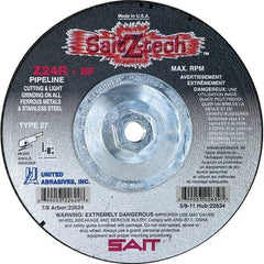 Sait - 24 Grit, 4-1/2" Wheel Diam, 1/8" Wheel Thickness, Type 27 Depressed Center Wheel - Zirconia Alumina, Resinoid Bond, R Hardness, 13,300 Max RPM, Compatible with Angle Grinder - Benchmark Tooling
