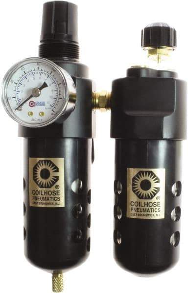 Coilhose Pneumatics - 1/4" NPT Port Compact 2 Piece Filter/Regulator-Lubricator FRL Unit - Polycarbonate Bowl, 48 SCFM, 150 Max psi, 8" High, Automatic Drain - Benchmark Tooling