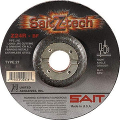 Sait - 24 Grit, 6" Wheel Diam, 3/32" Wheel Thickness, 7/8" Arbor Hole, Type 27 Depressed Center Wheel - Zirconia Alumina, Resinoid Bond, R Hardness, 10,200 Max RPM, Compatible with Angle Grinder - Benchmark Tooling