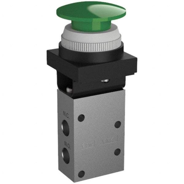SMC PNEUMATICS - 0.38 CV Rate, 1/4" NPT Inlet Mechanical Valve - 3 Way, 3 Ports, Push Button Mushroom - Benchmark Tooling