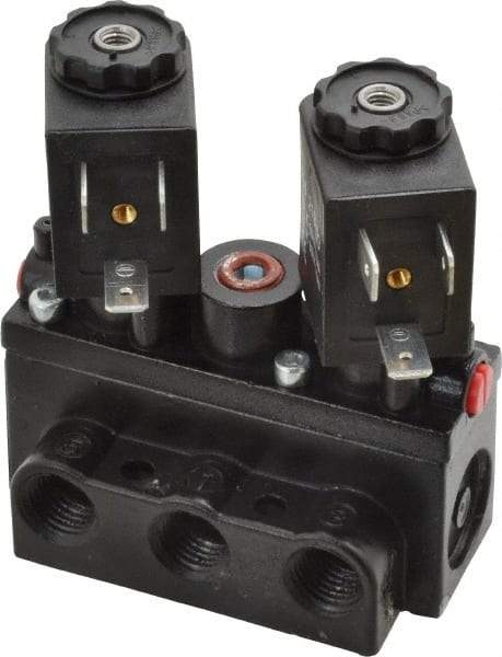 ARO/Ingersoll-Rand - 1/4" Inlet x 1/4" Outlet, Solenoid Actuator, Solenoid Return, 3 Position, Body Ported Solenoid Air Valve - 120 VAC Input, 32 CFM, 0.9 CV, 4 Way, 150 psi, 2-15/16" Long x 1-15/16" Wide x 1-13/16" High, 0 to 180°F - Benchmark Tooling