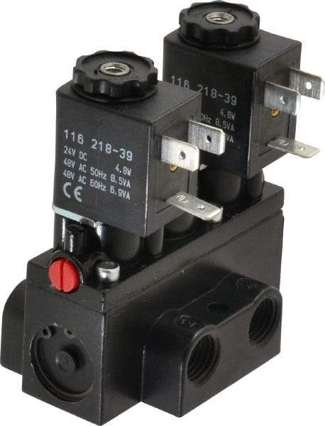 ARO/Ingersoll-Rand - 1/4" Inlet x 1/4" Outlet, Solenoid Actuator, Solenoid Return, 3 Position, Body Ported Solenoid Air Valve - 24 VDC Input, 32 CFM, 0.9 CV, 4 Way, 150 psi, 2-15/16" Long x 1-15/16" Wide x 1-13/16" High, 0 to 180°F - Benchmark Tooling