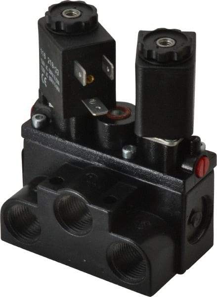 ARO/Ingersoll-Rand - 3/8" Inlet x 3/8" Outlet, Solenoid Actuator, Solenoid Return, 2 Position, Body Ported Solenoid Air Valve - 120 VAC Input, 63 CFM, 1.7 CV, 4 Way, 150 psi, 4" Long x '2-1/2" Wide x 3-5/8" High, 0 to 180°F - Benchmark Tooling