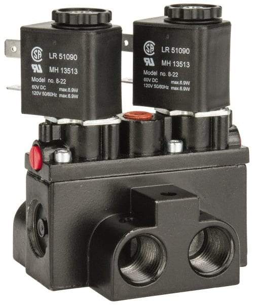 ARO/Ingersoll-Rand - 3/8" Inlet x 3/8" Outlet, Solenoid Actuator, Solenoid Return, 3 Position, Body Ported Solenoid Air Valve - 120 VAC Input, 63 CFM, 1.7 CV, 4 Way, 150 psi, 4" Long x '2-1/2" Wide x 3-5/8" High, 0 to 180°F - Benchmark Tooling