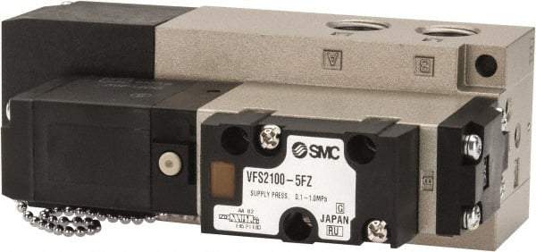 SMC PNEUMATICS - 0.8 CV Flow Rate, Single Solenoid Pilot Operated Valve - 5 Port, 2 Position, Spring Return, 1/4" NPT Inlet, 24 V - Benchmark Tooling