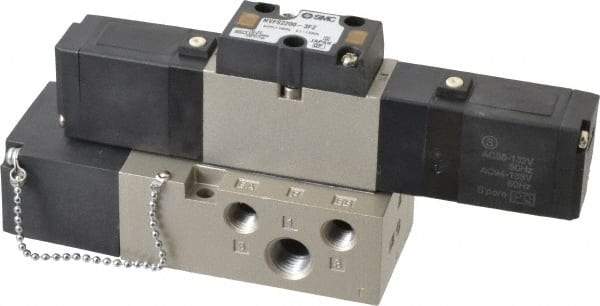 SMC PNEUMATICS - 0.8 CV Flow Rate, Double Solenoid Pilot Operated Valve - 5 Port, 2 Position, 1/4" NPT Inlet, 110 V - Benchmark Tooling