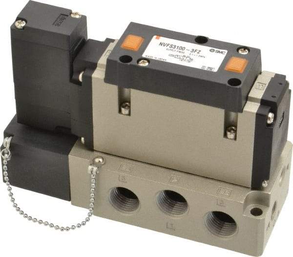 SMC PNEUMATICS - 2 CV Flow Rate, Single Solenoid Pilot Operated Valve - 5 Port, 2 Position, Spring Return, 3/8" NPT Inlet, 110 V - Benchmark Tooling