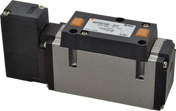 SMC PNEUMATICS - 2 CV Flow Rate, Single Solenoid Pilot Operated Valve - 5 Port, 2 Position, Spring Return, 3/8" NPT Inlet, 110 V - Benchmark Tooling