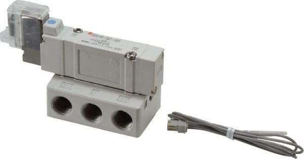 SMC PNEUMATICS - 0.7 CV Flow Rate, Single Solenoid Pilot Operated Valve - 5 Port, 2 Position, Spring Return, 1/4" NPT Inlet, 110 V - Benchmark Tooling