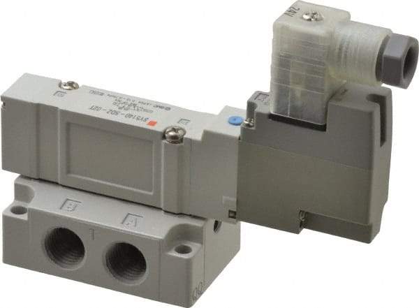 SMC PNEUMATICS - 0.7 CV Flow Rate, Single Solenoid Pilot Operated Valve - 5 Port, 2 Position, Spring Return, 1/4" NPT Inlet, 24 V - Benchmark Tooling