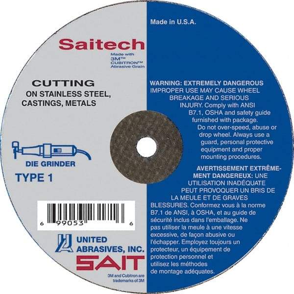 Sait - 4" Ceramic Cutoff Wheel - 0.035" Thick, 1/4" Arbor, 19,000 Max RPM, Use with Die Grinders - Benchmark Tooling