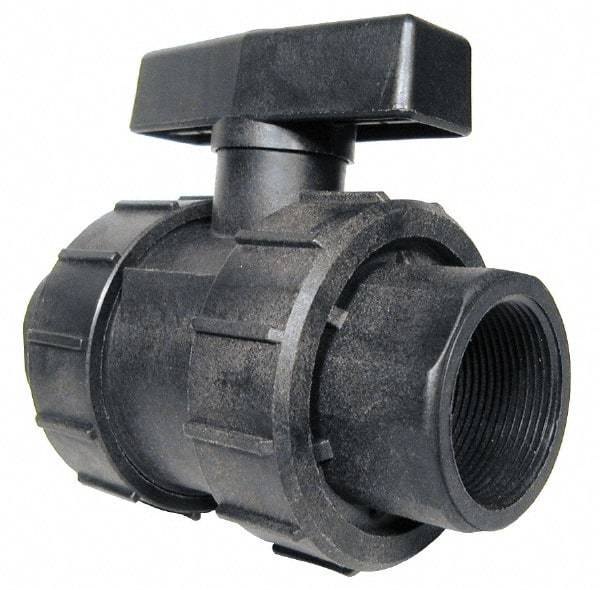 Green Leaf - 1-1/4" Pipe, Full Port, Polypropylene True Union Design Ball Valve - Inline - One Way Flow, FNPT x FNPT Ends, Tee Handle, 125 WOG - Benchmark Tooling