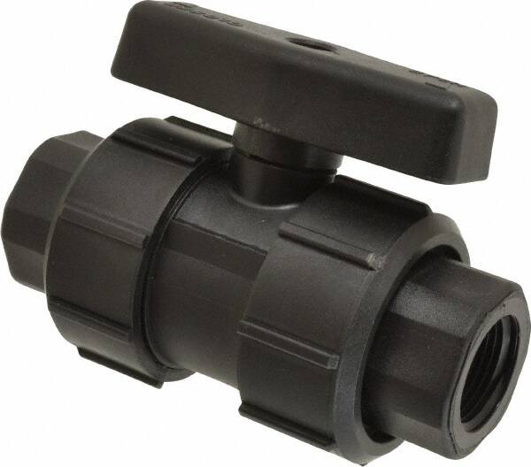 Green Leaf - 3/4" Pipe, Full Port, Polypropylene True Union Design Ball Valve - Inline - One Way Flow, FNPT x FNPT Ends, Tee Handle, 125 WOG - Benchmark Tooling