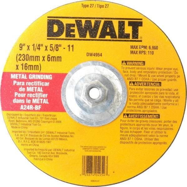 DeWALT - 24 Grit, 9" Wheel Diam, 1/4" Wheel Thickness, Type 27 Depressed Center Wheel - Aluminum Oxide, R Hardness, 6,600 Max RPM, Compatible with Angle Grinder - Benchmark Tooling