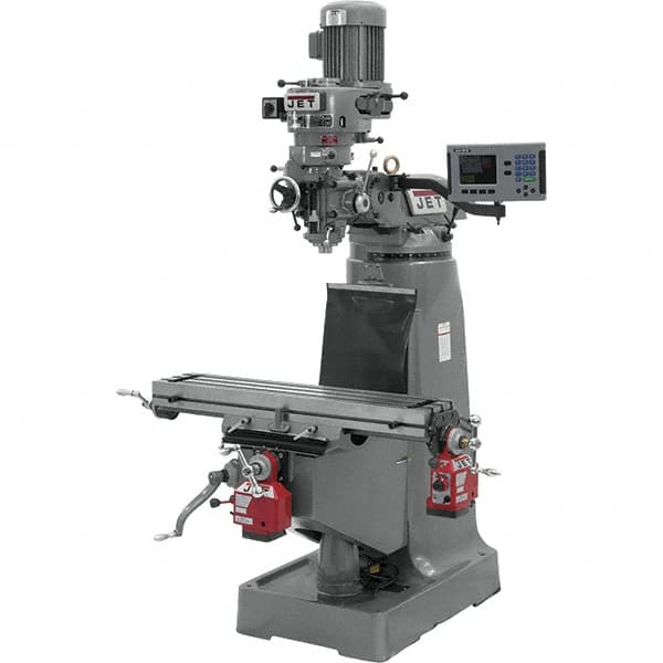 Jet - 9" Table Width x 42" Table Length, Step Pulley Control, 3 Phase Knee Milling Machine - R8 Spindle Taper, 2 hp - Benchmark Tooling
