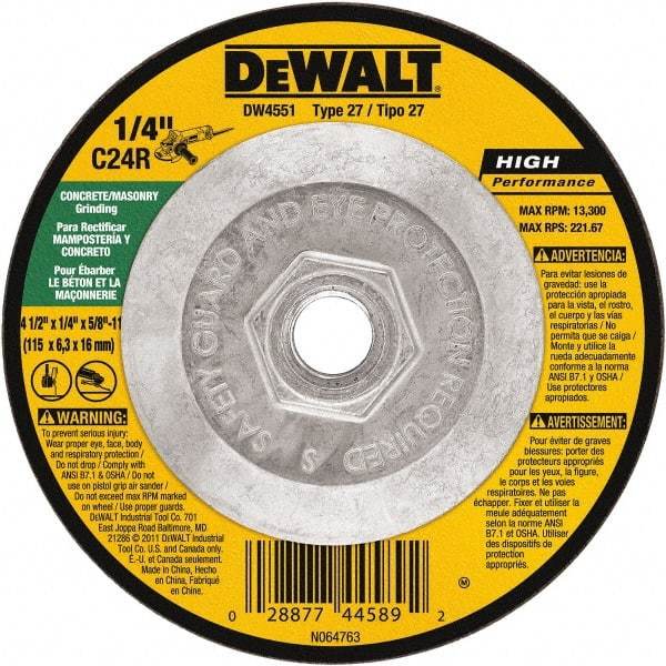 DeWALT - 24 Grit, 4-1/2" Wheel Diam, 1/4" Wheel Thickness, Type 27 Depressed Center Wheel - Silicon Carbide, Resinoid Bond, 13,300 Max RPM - Benchmark Tooling